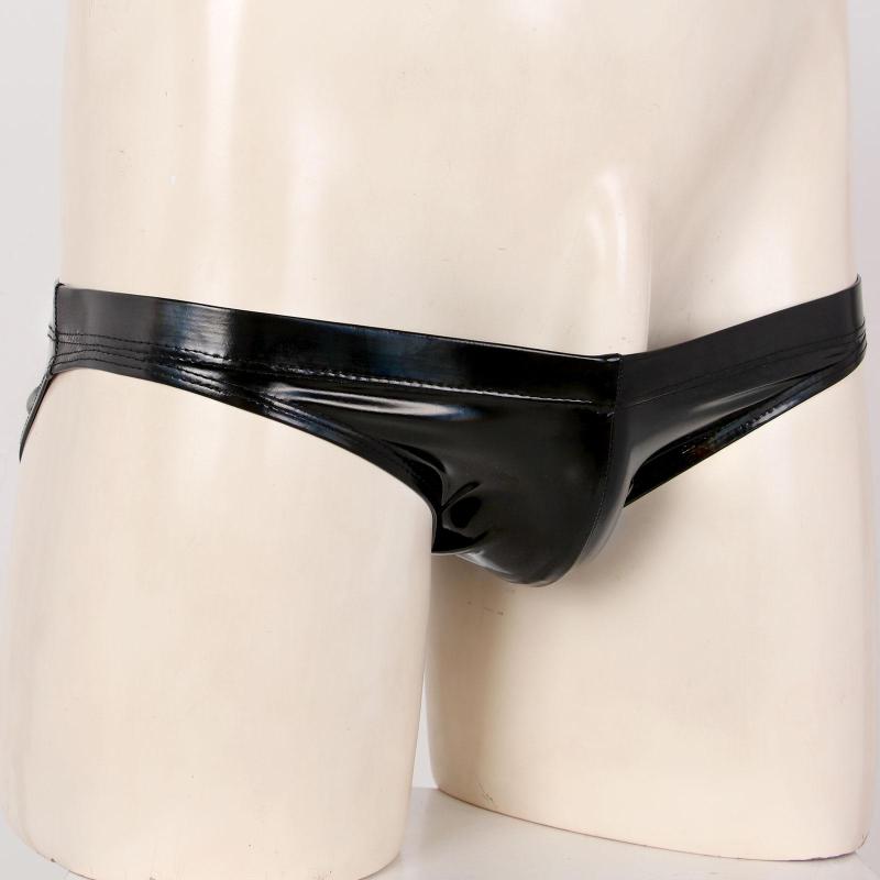 Underpants Black Mens Lingerie Patent Leather Briefs Glossy Bulge Pouch Thongs Low Waist Ruched Back Club Pole Dance Underwear
