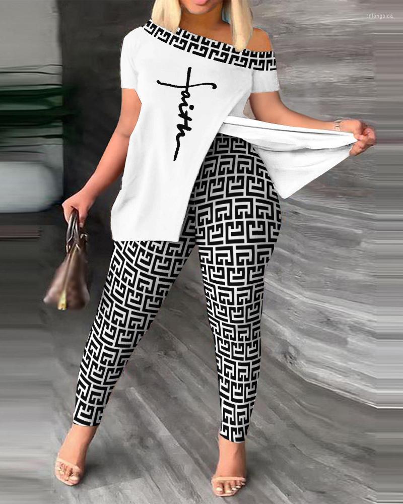 Women's Two Piece Pants Summer Women Geometric Print Split Hem Top & Set 2023 Femme Short Sleeve Casual Suits Lady Outfits Y2k S-3XL