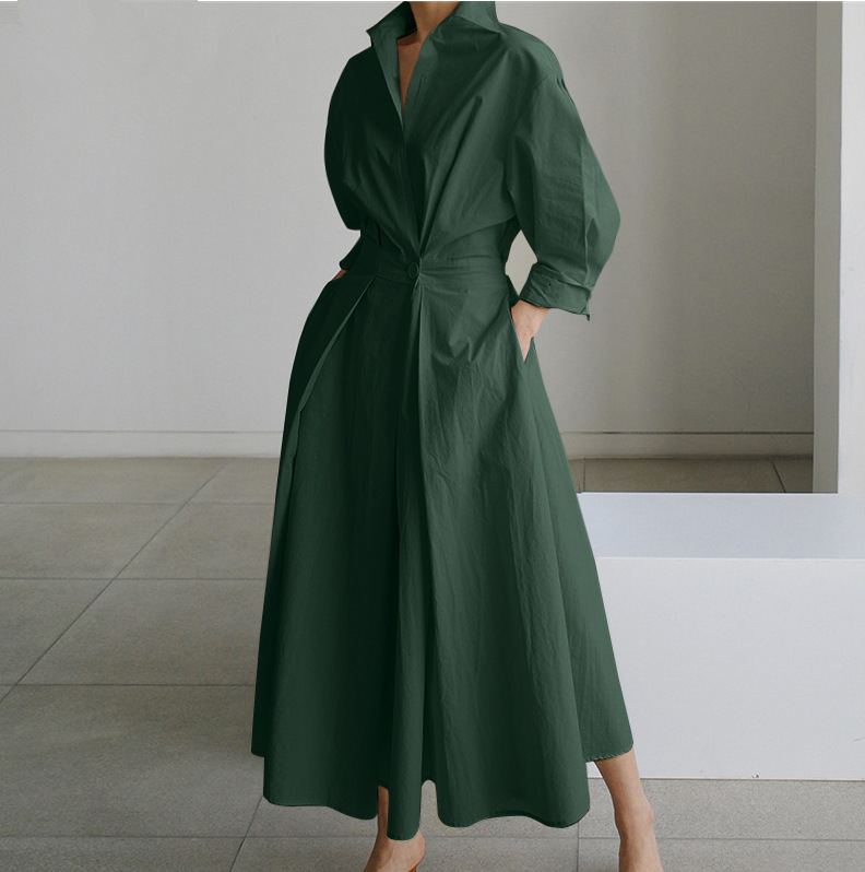 designer dresses for women Basic Casual Dresses S-5XL Korean Fashion Long Sleeve Shirt Dress Chic Turndown Neck Ruched Maxi Dress Women Autumn Winter 