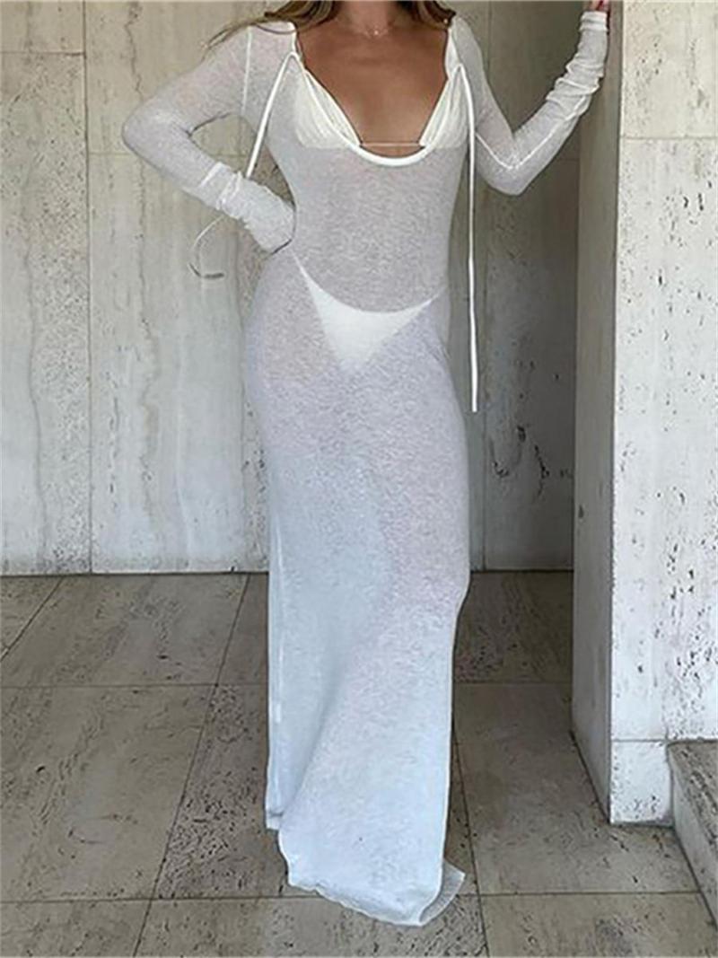 Casual Dresses Wsevypo See-Through Sheer Cover-ups Long Dress 2023 Summer Women Sleeve Low Cut O Neck Lace-up Beach Streetwear