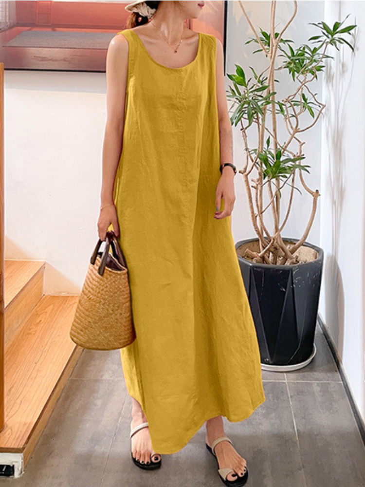 Basic Casual Dresses Summer Long Version Sling Cotton Linen Simple Loose Pocket Round Neck Temperament Sleeveless Dress Women Dress for Women 230531