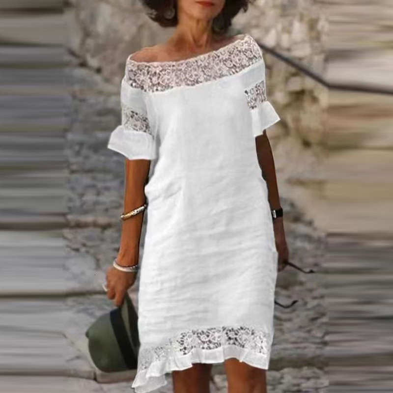 Basic Spring Stand-Up Collar Button Cotton Dresses Women Casual Linen Solid Color Mid-Sleeve Retro Summer Lady Office Mini Dress 230531