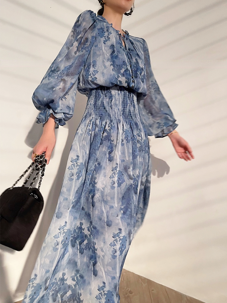 Basic Casual Dresses French Vintage Long Sleeve Fairy Dress Women Slim Fashion Floral Midi Dress Beach Casual Korean Style Dresses Female Summer