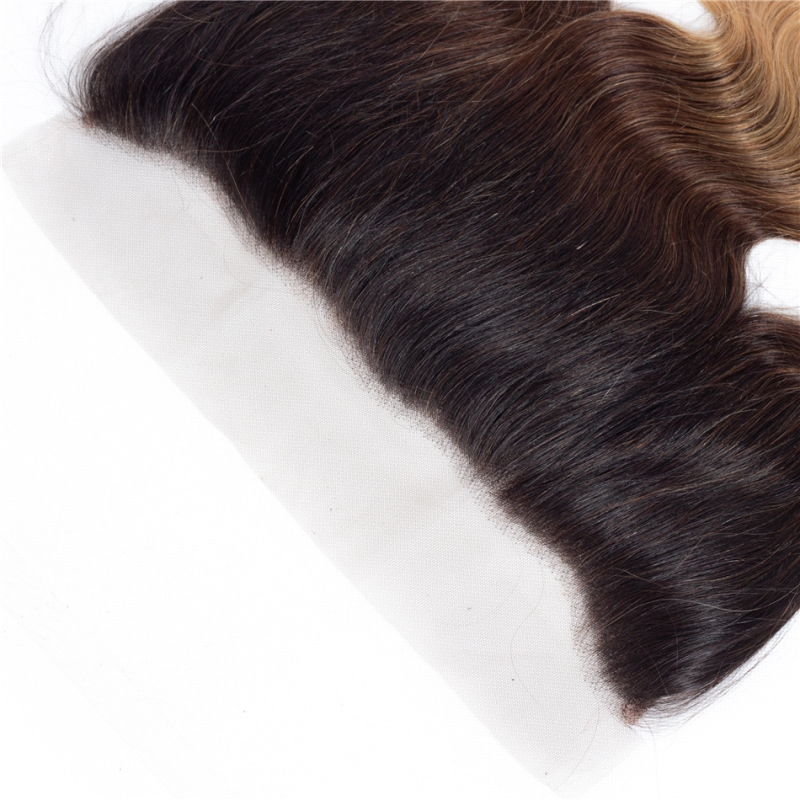 Yirubeauty Indian Virgin Human Hair Extensions 1B/4/27 Three Tone Color 10-30inch Body Wave 3 Bundles With 13X4 Lace Frontal Free Part