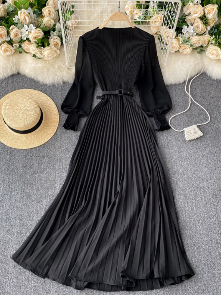 Basic Casual Dresses Women Elegant Maxi Dress Spring Summer Patchwork Puff Long Sleeve Pleated Muslim Long Dresses Ladies Party Dress 230531