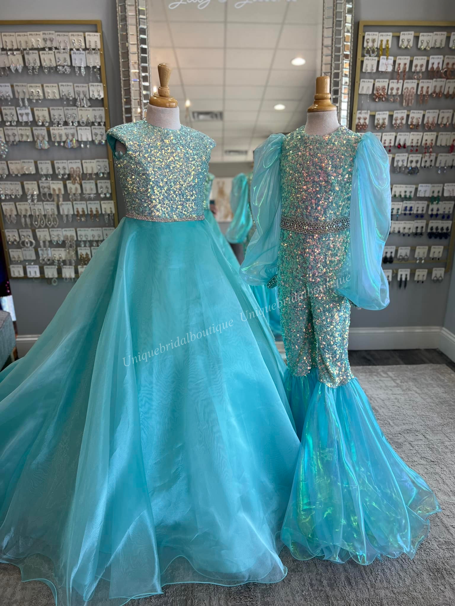 Aqua Girl Pageant Dress Jumpsuit 2023 Iridescent Organza Sequin Puff Sleeves Flared Pants Little Kid Birthday Formal Party Gown Fun Fashion Runway Tod