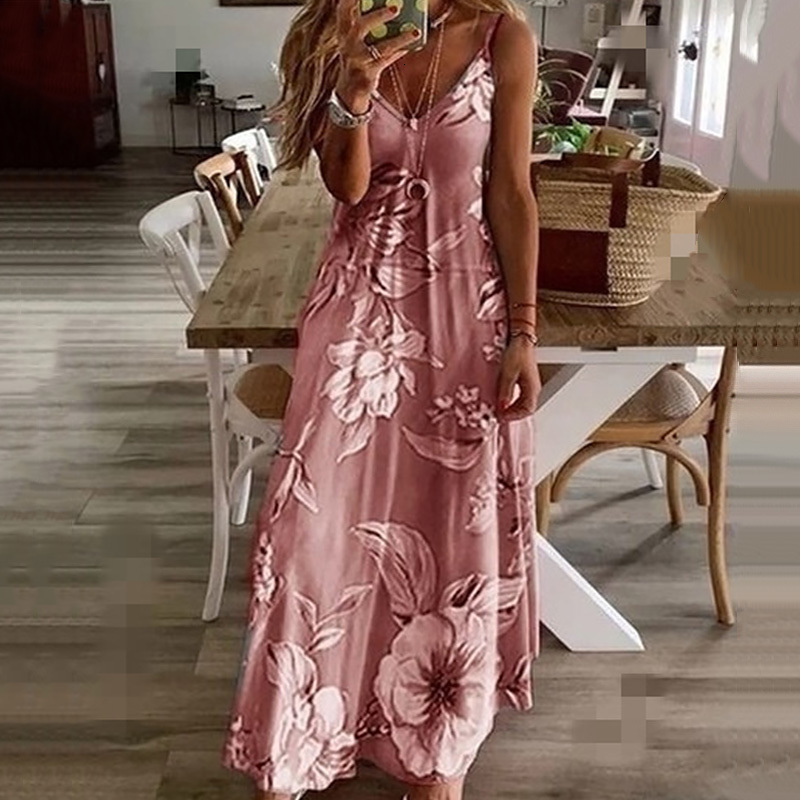 Basic Casual Dresses S-5XL 7Colors Floral Printing V-Neck Strap Long Dresses Casual Bohemian Sleeveless Women Summer Beach Travel Party Wear 230531