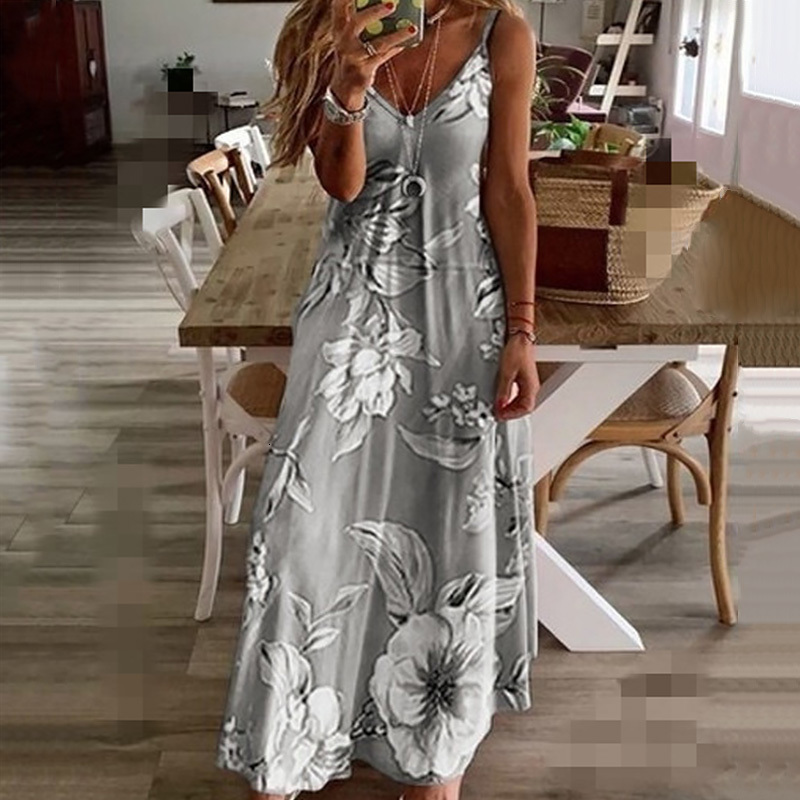 Basic Casual Dresses S-5XL 7Colors Floral Printing V-Neck Strap Long Dresses Casual Bohemian Sleeveless Women Summer Beach Travel Party Wear 230531