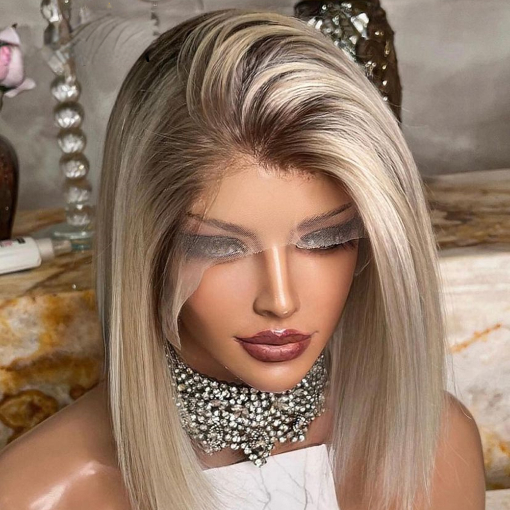 Peruvian Hair Ash Blonde Bob Lace Front Wigs For Women 180density Full Short Bob Lace Frontal Wig Ombre Synthetic Closure Wig
