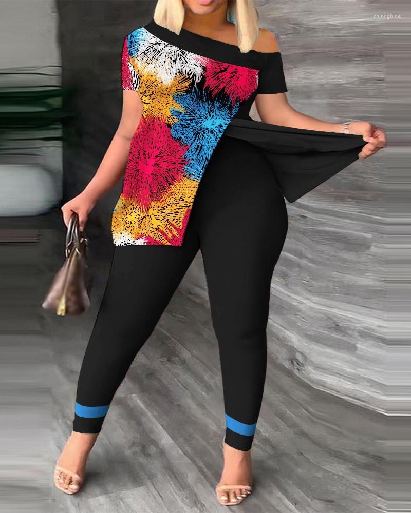 Women's Two Piece Pants Summer Women Geometric Print Split Hem Top & Set 2023 Femme Short Sleeve Casual Suits Lady Outfits Y2k S-3XL