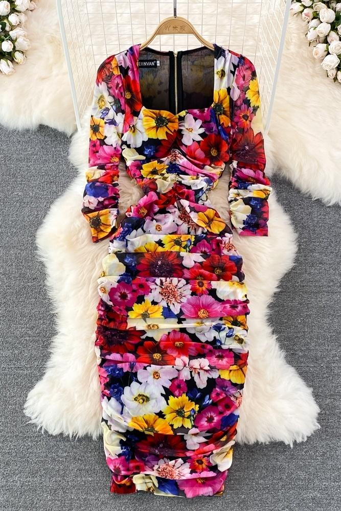 Casual Dresses Women Summer Dress Midi Long Mesh Tulle Floral Print Corset Wrap Chest Party Female