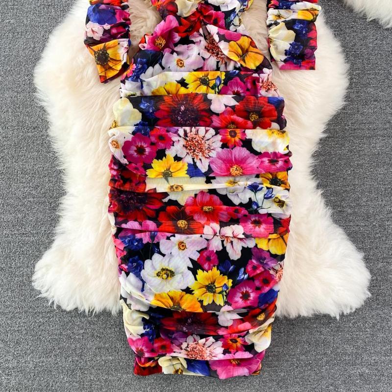 Casual Dresses Women Summer Dress Midi Long Mesh Tulle Floral Print Corset Wrap Chest Party Female