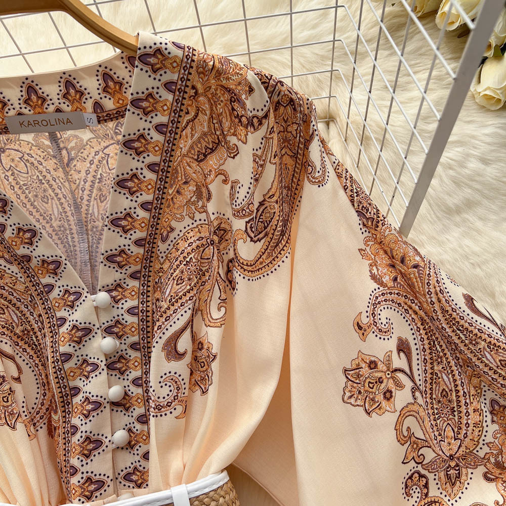 Basic Casual Dresses AELEWELL Women Dresses Spring Runway Fashion Paisley Print Vintage Dress V Neck Long Lantern Sleeve Belted Mini Dress 230531