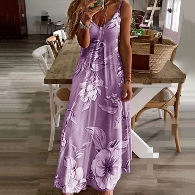 Basic Casual Dresses S-5XL 7Colors Floral Printing V-Neck Strap Long Dresses Casual Bohemian Sleeveless Women Summer Beach Travel Party Wear 230531