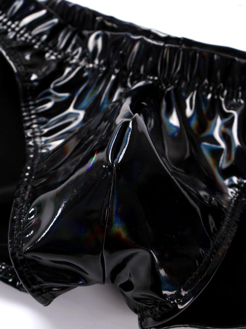 Underpants Black Mens Lingerie Patent Leather Briefs Glossy Bulge Pouch Thongs Low Waist Ruched Back Club Pole Dance Underwear