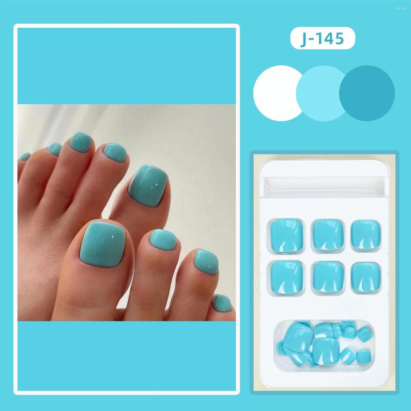 False Nails 24Pcs Short Square Fake Toe Press On Acrylic Nail Kits Wearable Lake Blue Toenails Artificial Feet Tips