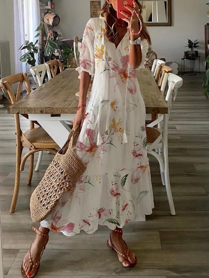 Designer New Casual Dresses Fashion Womens Shift Dress Maxi Dress half Sleeve Floral Print Summer Fall V Neck Casual Dress
