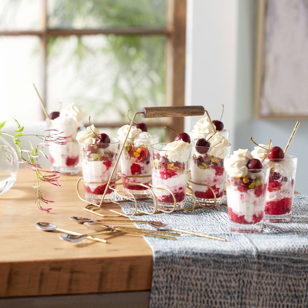 Glass and Metal Entertaining Set with 8 Glasses, Caddy and Individual Serving Spoons