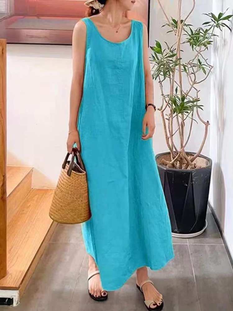 Basic Casual Dresses Summer Long Version Sling Cotton Linen Simple Loose Pocket Round Neck Temperament Sleeveless Dress Women Dress for Women 230531