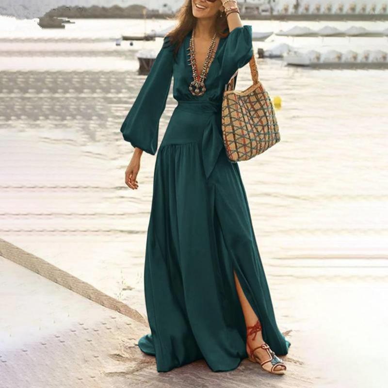 Casual Dresses Women Dress Beach Deep V-Neck Flared Sleeves Loose-Fitting Lady Washable Summer Party With Belt