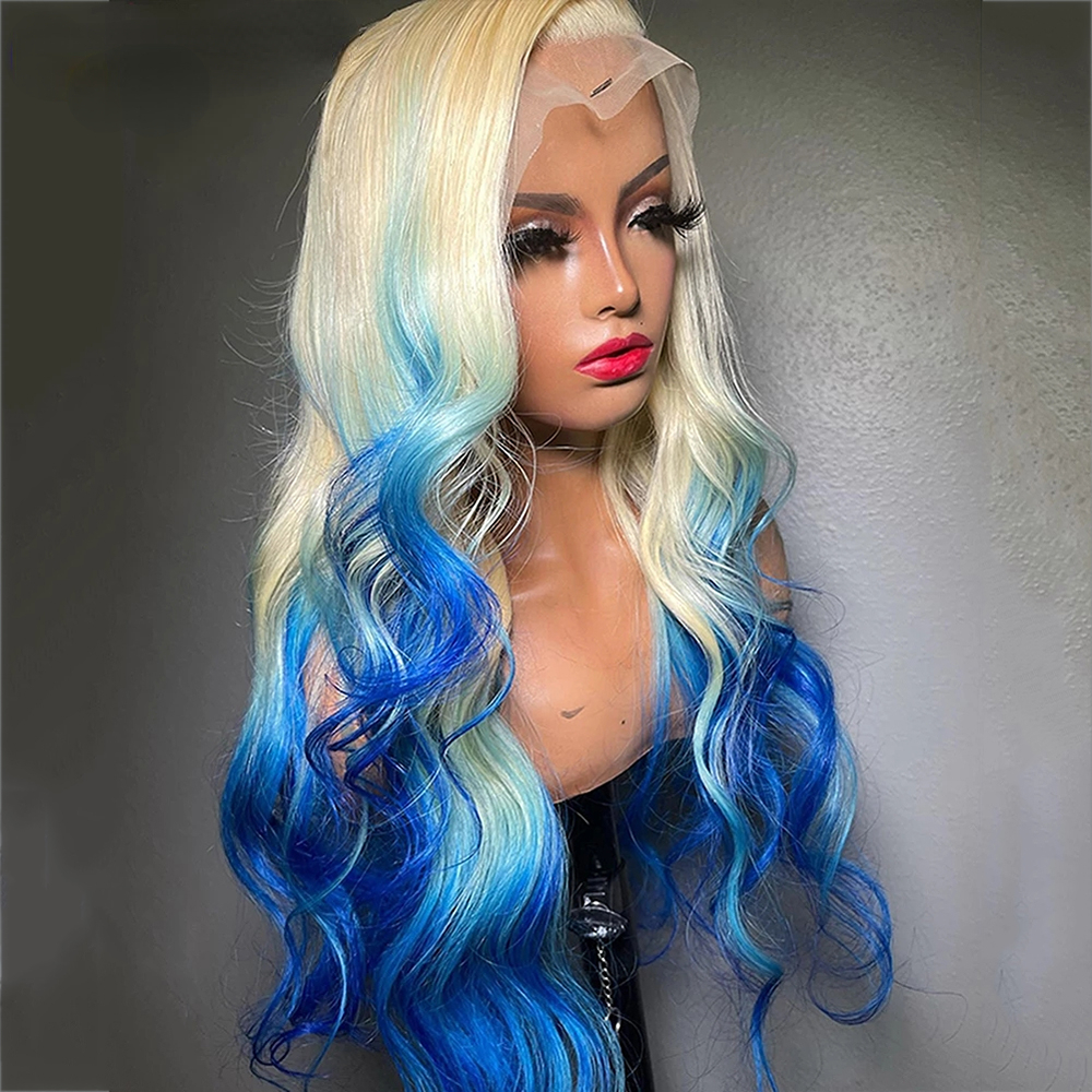 Free shipping Brazilian 13x4 Blonde Ombre Blue Front Wigs For Women Body Wave Short Silation Human Hair HD Lace Frontal Wig