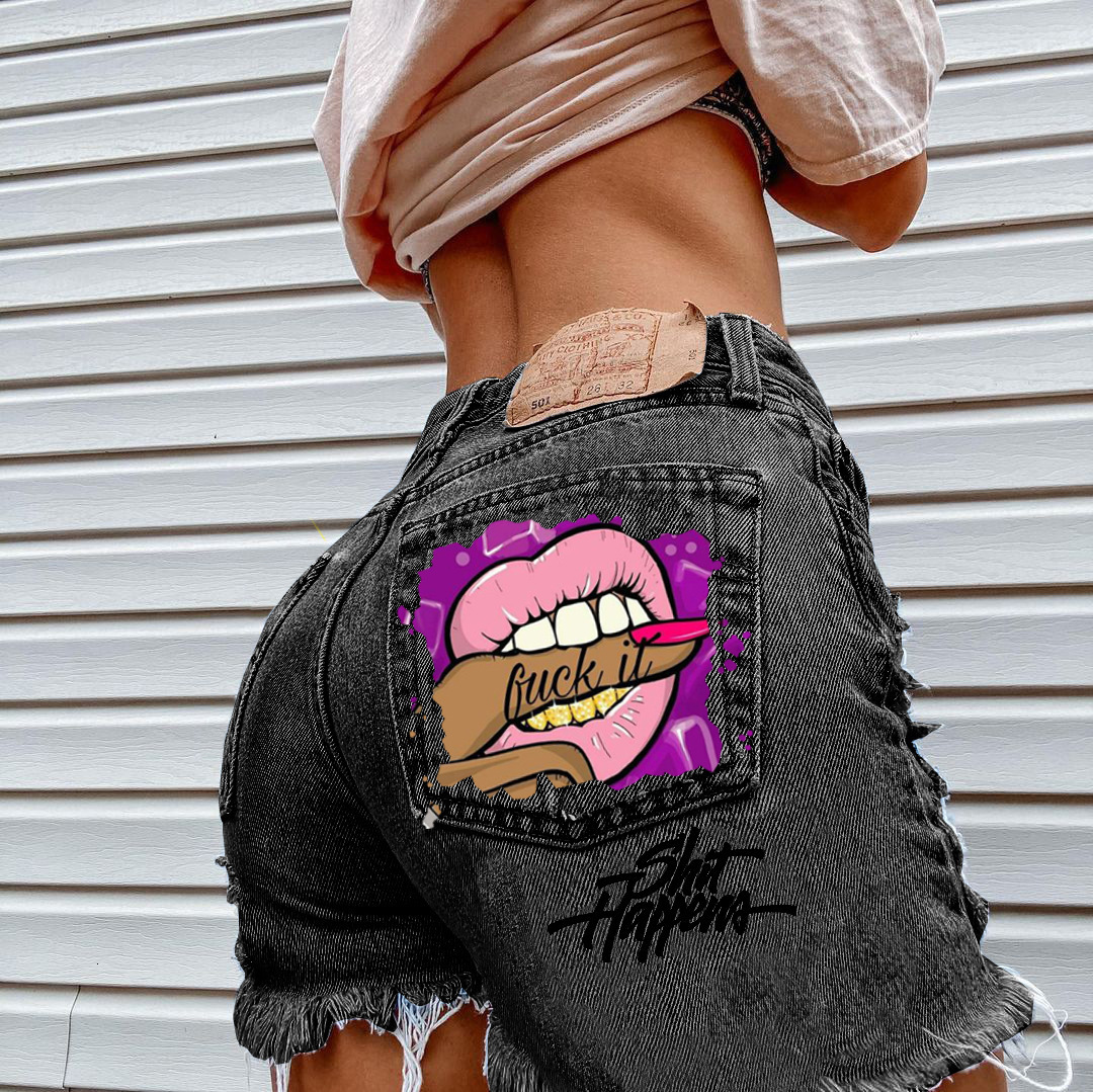 Women's Shorts Selling Denim Shorts Personality Mouth Bite Finger Printing Fashion Hole Pants Women 230602