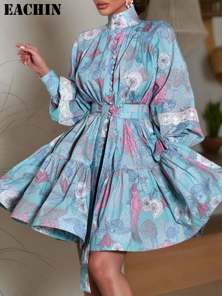 Basic Casual Dresses Spring Woman Elegant Lace Up Print Dress Clothing Female Fashion Puff Sleeve Stand Collar Sexy Party Club Retro 230601