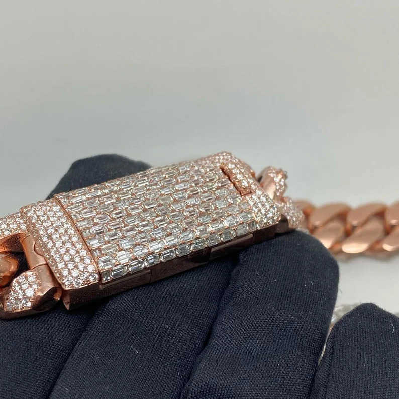 20mm Vermeil Hip Hop Sier with 14k Rose Gold Plated Chains Necklace Emerald Cut Moissanite Dia Iced Out Cuban Link Chain