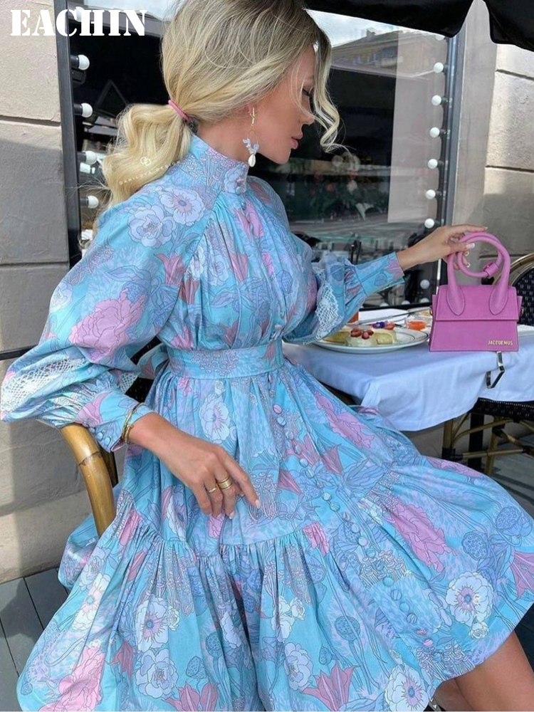 Basic Casual Dresses Spring Woman Elegant Lace Up Print Dress Clothing Female Fashion Puff Sleeve Stand Collar Sexy Party Club Retro 230601