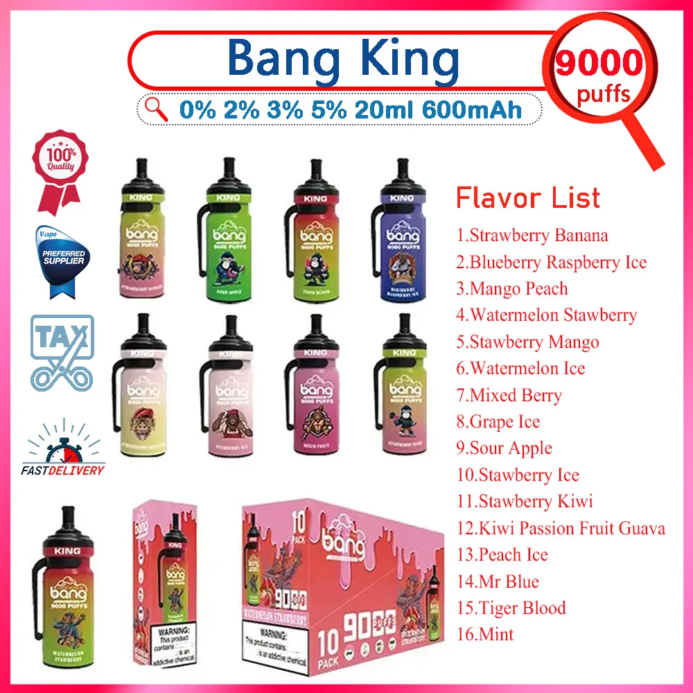 original bang king 9000 puffs e cigarette disposable vape puff 9k 650mah rechargeable battery 20ml prefilled carts 0% 2% 3% 5% randm tornado puffbar vapers disposables
original bang king 9000 puffs e cigarette disposable vape puff 9k 650mah rechargeable battery 20ml prefilled carts 0% 2% 3% 5% randm tornado puffbar vapers disposables