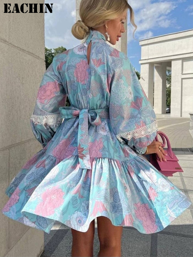 Basic Casual Dresses Spring Woman Elegant Lace Up Print Dress Clothing Female Fashion Puff Sleeve Stand Collar Sexy Party Club Retro 230601