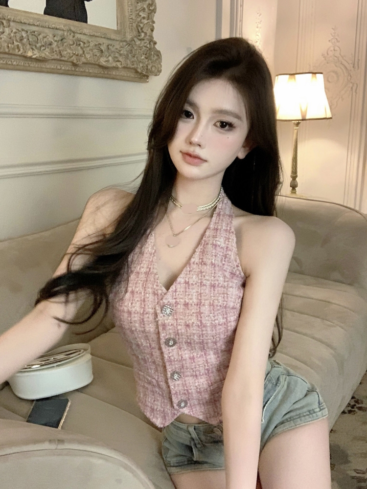 Womens sexy halter neck tweed woolen v-neck plaid pattern tanks camis SM