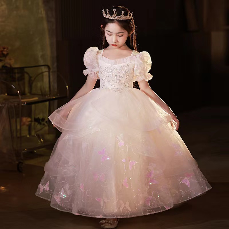 New Ball Pink Flower Girls Dresses For Weddings Cap Sleeve Hand Made Flowers Floor Length Birthday Children Girl Pageant Gowns Butterfly Crystal Prom 