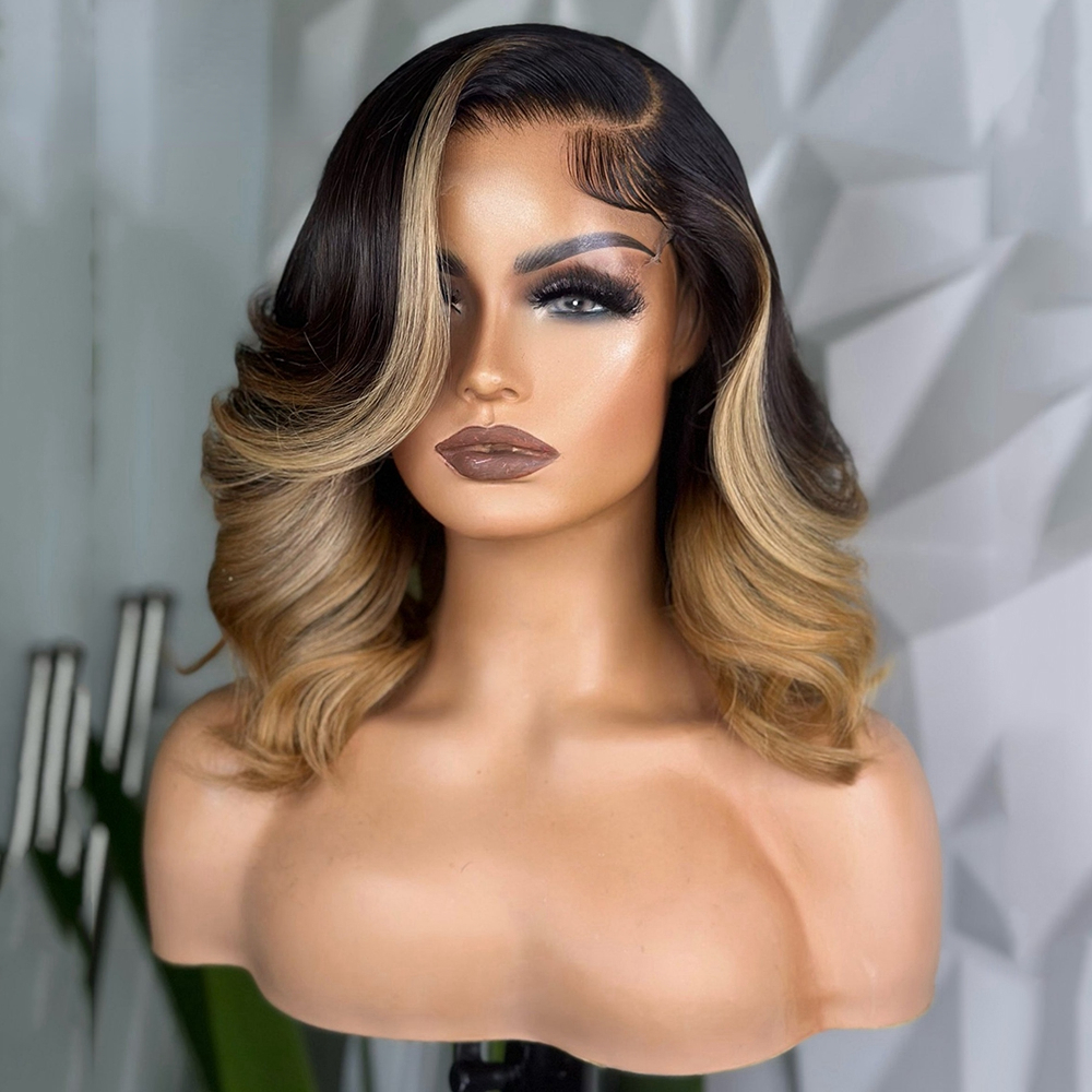 Ombre Blonde Short Wavy Human Hair For Women Brazilian Front bob Glueless Highlight Synthetic Lace Frontal Wig Preplucked