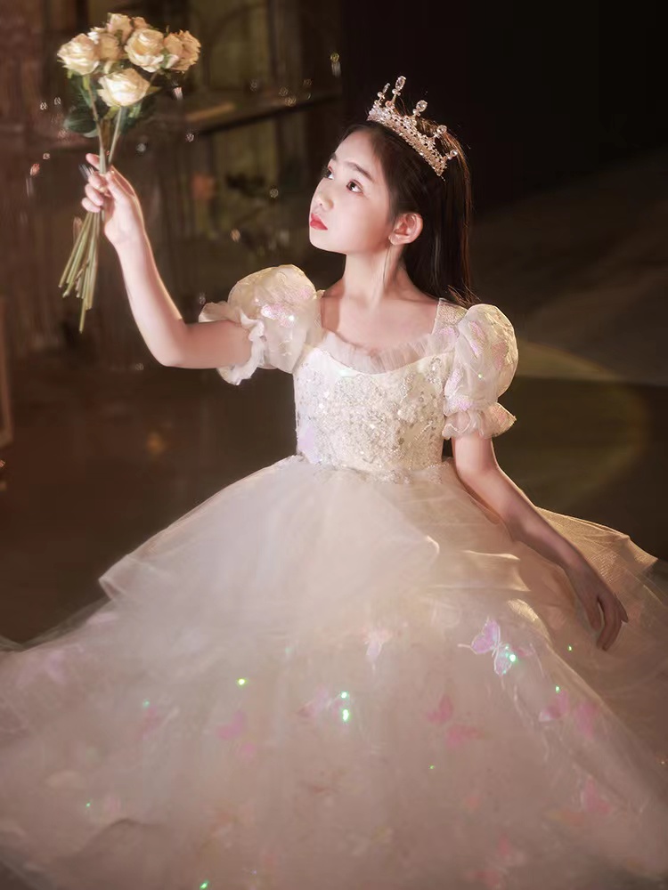 New Ball Pink Flower Girls Dresses For Weddings Cap Sleeve Hand Made Flowers Floor Length Birthday Children Girl Pageant Gowns Butterfly Crystal Prom 