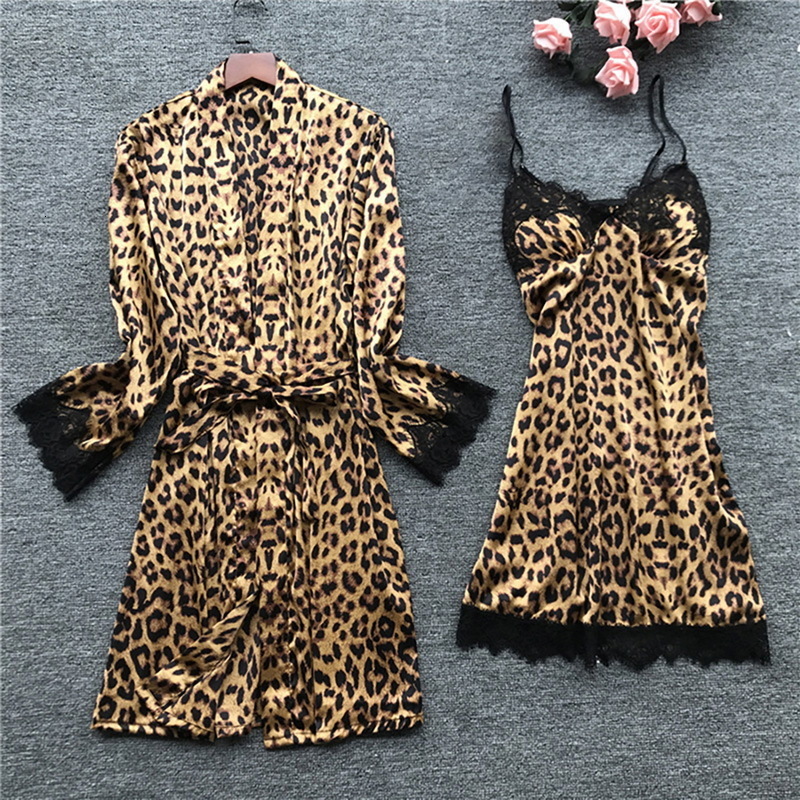 Womens Sleepwear Leopard Print Sexy Women Pajamas Sets Satin Pijama Silk Home Wear Embroidery Sleep Lounge Pyjama Nightwear Lingerie 230601