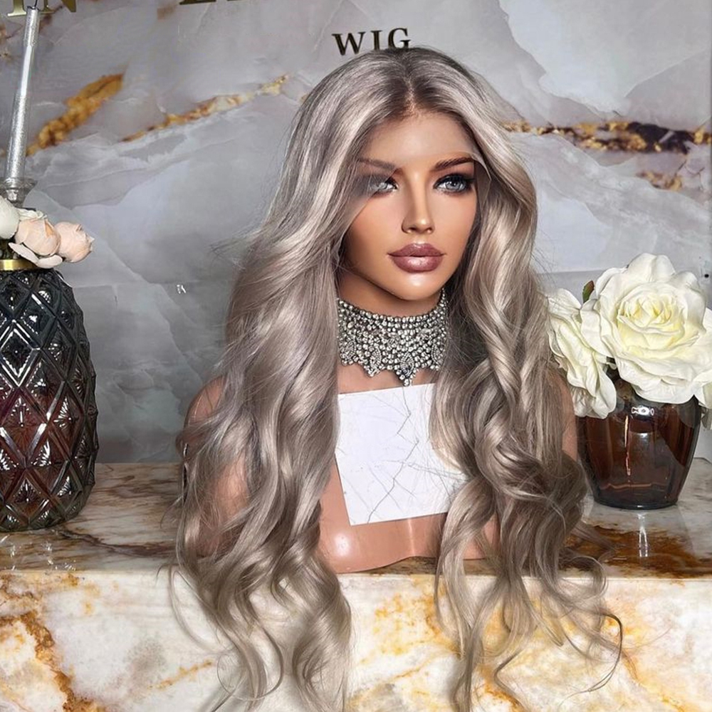Ombre Ash Colored Glueless Front Human Hair Body Wave Grey Blonde Lace Closure Wig For Women Synthetic Heat Resistant 250820