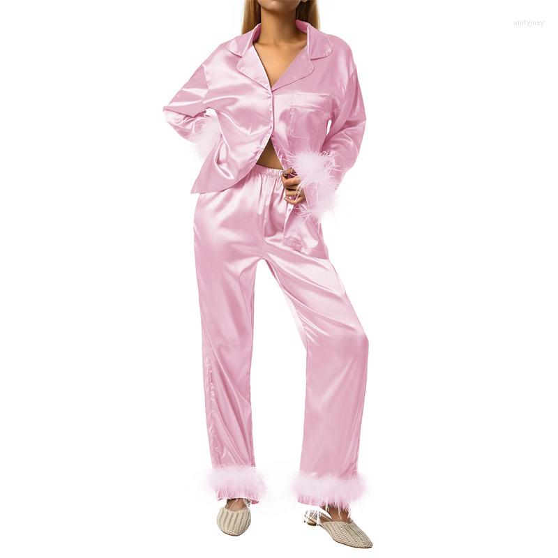 Women' Sleepwear Women Casual Homewear For Autumn Spring Feathers Decor Long Sleeve Button-Down Lapel Tops Pants Pajamas Set Fashion 2 Pcs, Black
Women' Sleepwear Women Casual Homewear For Autumn Spring Feathers Decor Long Sleeve Button-Down Lapel Tops Pants Pajamas Set Fashion 2 Pcs, Black