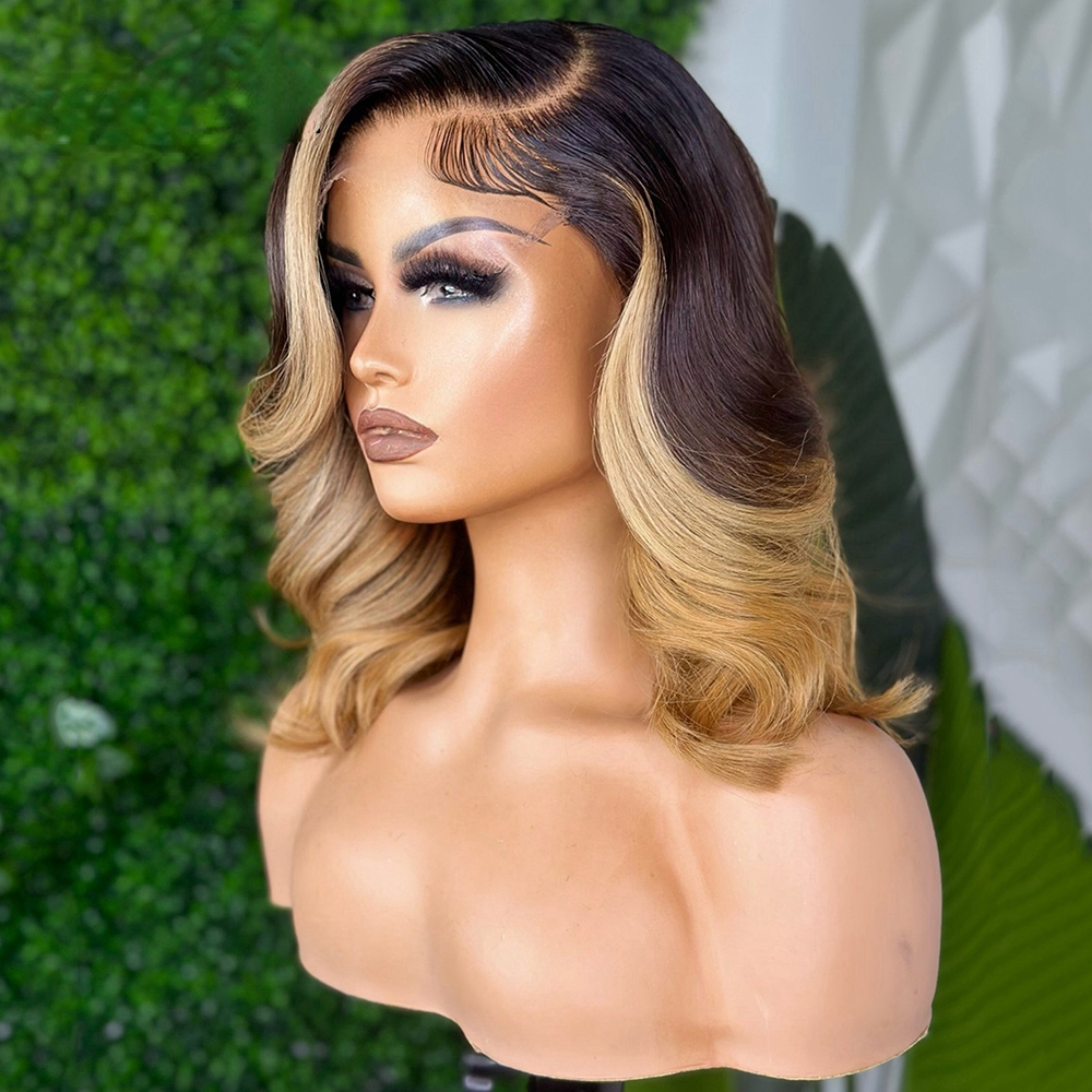 Ombre Blonde Short Wavy Human Hair For Women Brazilian Front bob Glueless Highlight Synthetic Lace Frontal Wig Preplucked