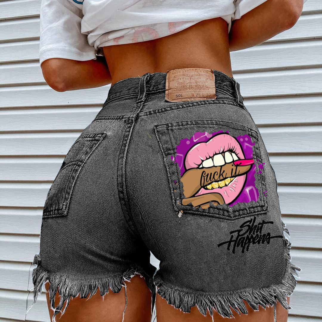 Women's Shorts Selling Denim Shorts Personality Mouth Bite Finger Printing Fashion Hole Pants Women 230602
