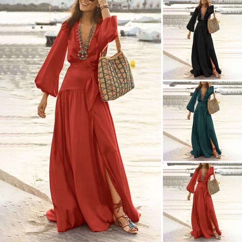 Casual Dresses Women Dress Beach Deep V-Neck Flared Sleeves Loose-Fitting Lady Washable Summer Party With Belt
