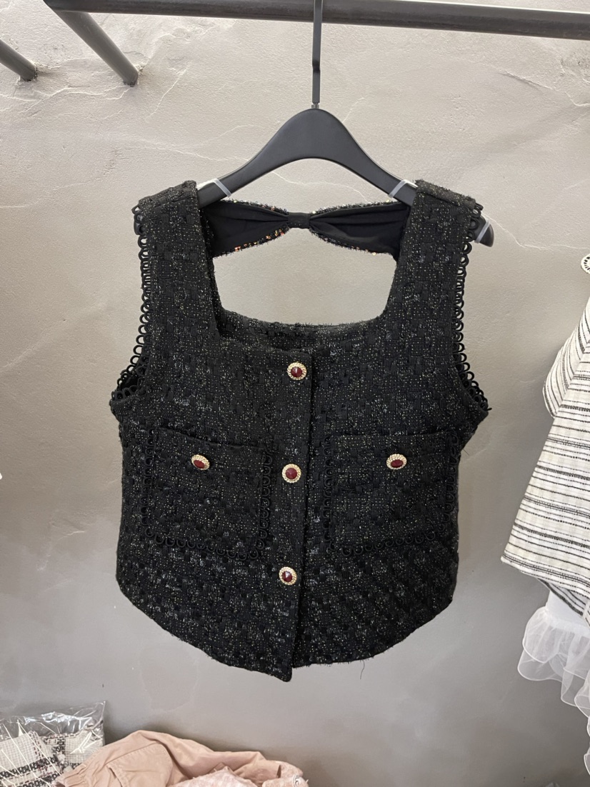 Womens cute sexy back bow hollow out square collar tweed short tanks camis SMLXL