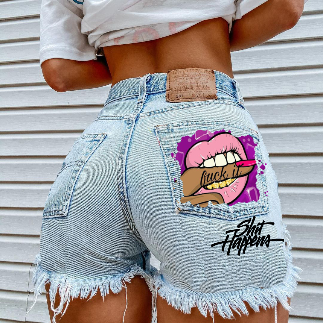 Women's Shorts Selling Denim Shorts Personality Mouth Bite Finger Printing Fashion Hole Pants Women 230602