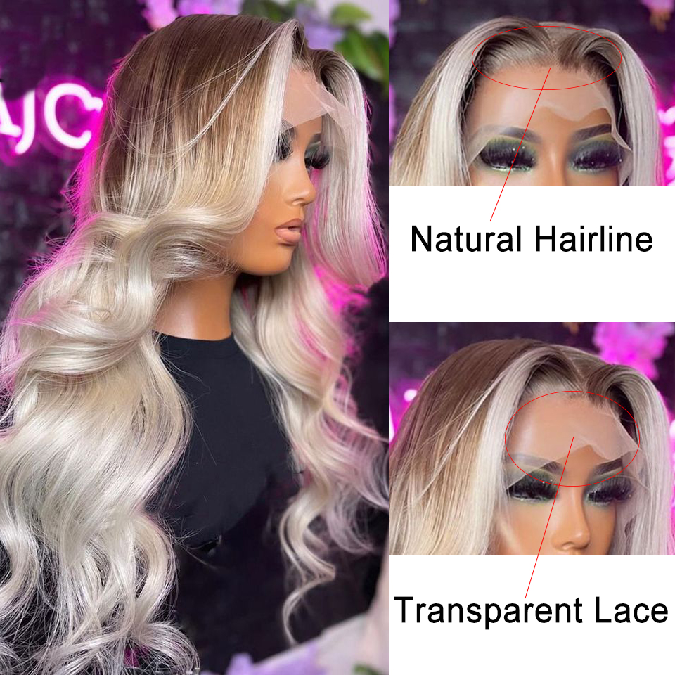 Brazilian Hair Ombre Ash Blonde Body Wave Front Transparent HD 360 Lace Frontal For Women Heat Resistant Synthetic Wig Preplucked 250820
