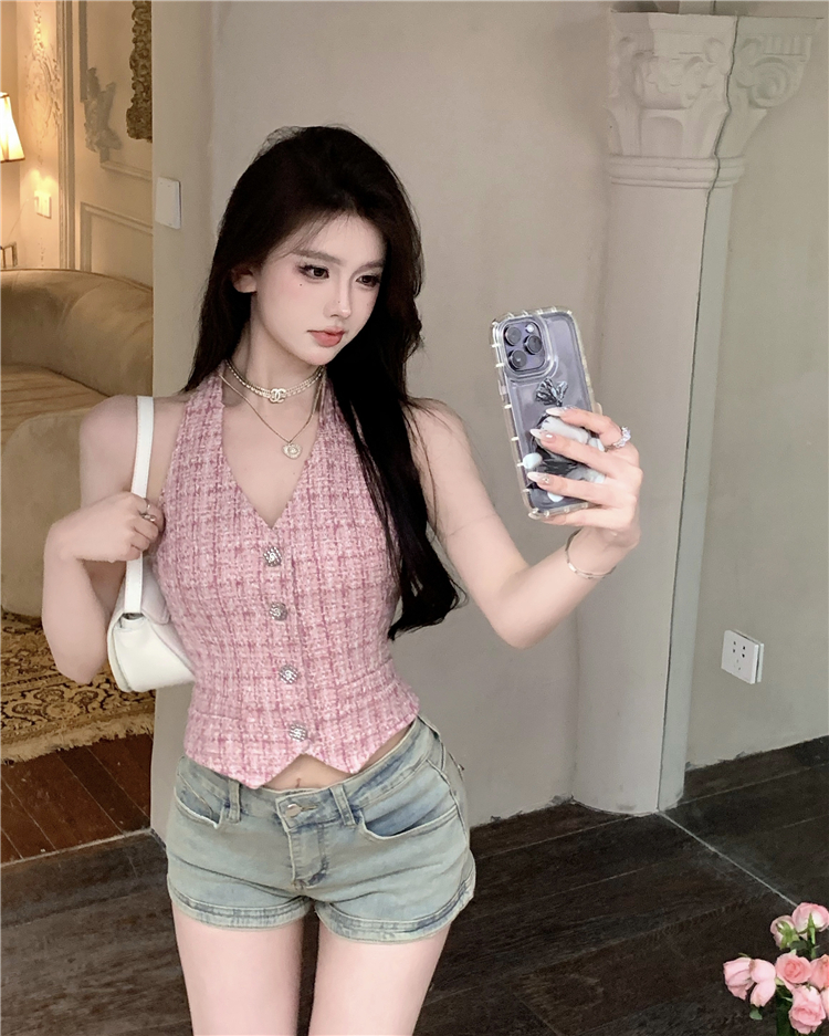 Womens sexy halter neck tweed woolen v-neck plaid pattern tanks camis SM