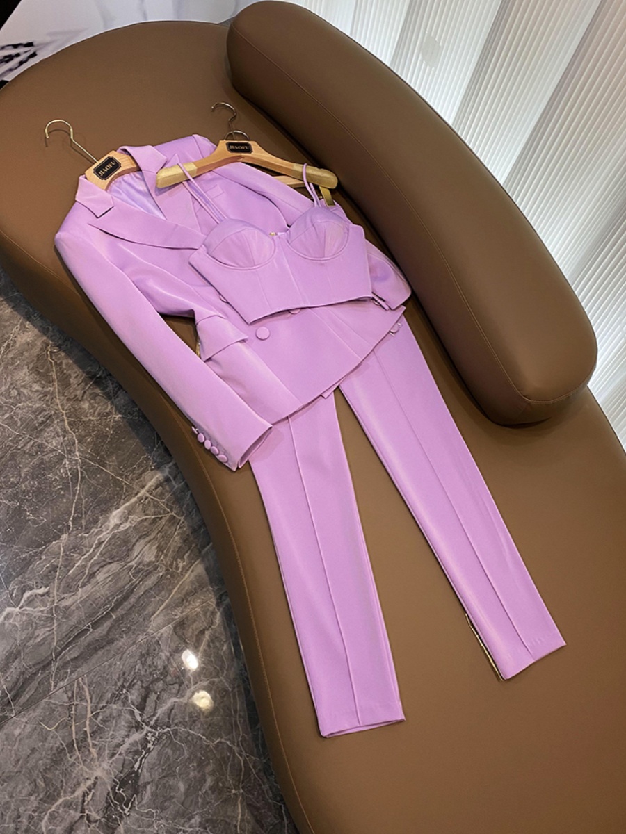 2023 Autumn White / Black Purple Two Piece Pants Sets Long Sleeve Notched-Lapel Double-Breasted Blazers Top & Camisole & Long Pants Suits Set Three Pieces SuitsD3L01