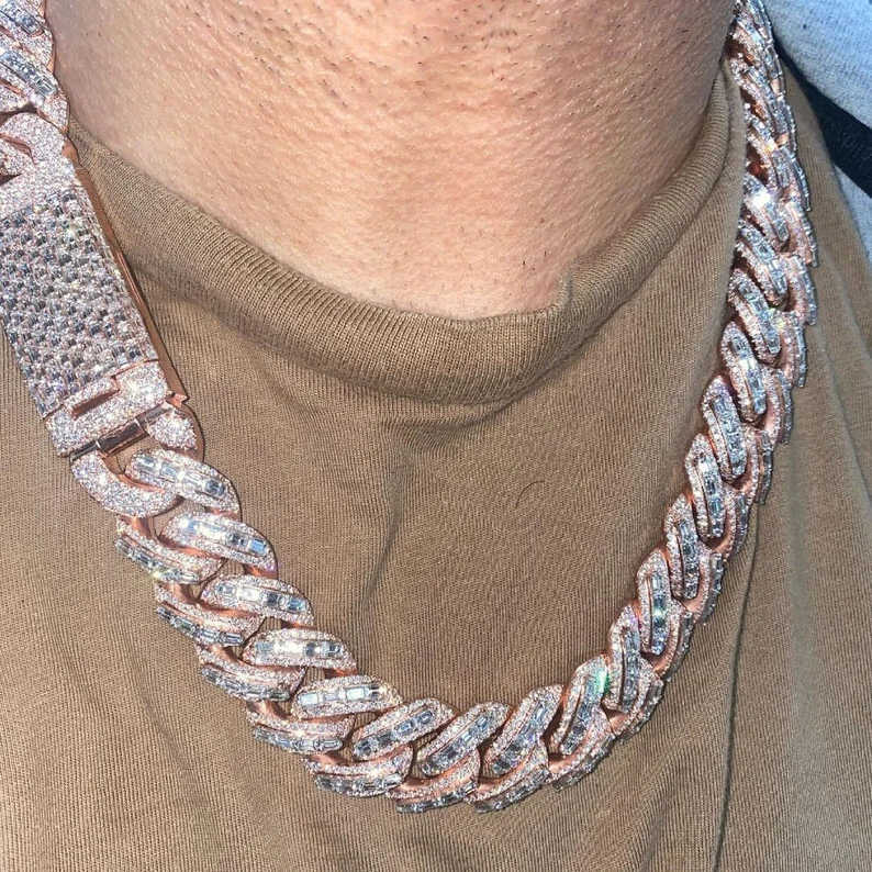 20mm Vermeil Hip Hop Sier with 14k Rose Gold Plated Chains Necklace Emerald Cut Moissanite Dia Iced Out Cuban Link Chain