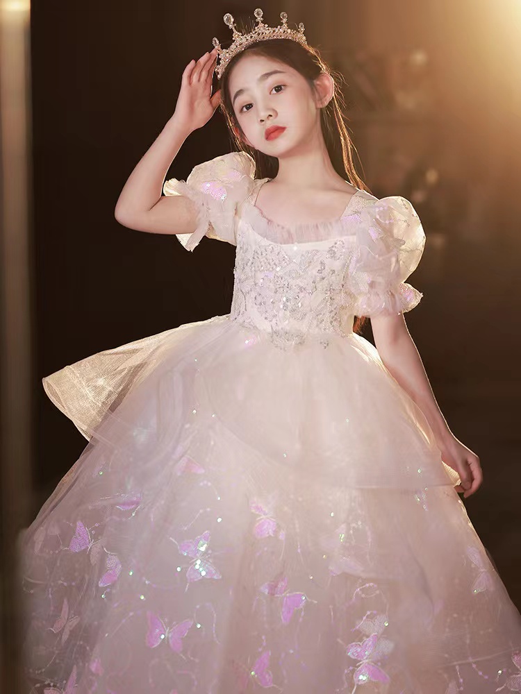 New Ball Pink Flower Girls Dresses For Weddings Cap Sleeve Hand Made Flowers Floor Length Birthday Children Girl Pageant Gowns Butterfly Crystal Prom 