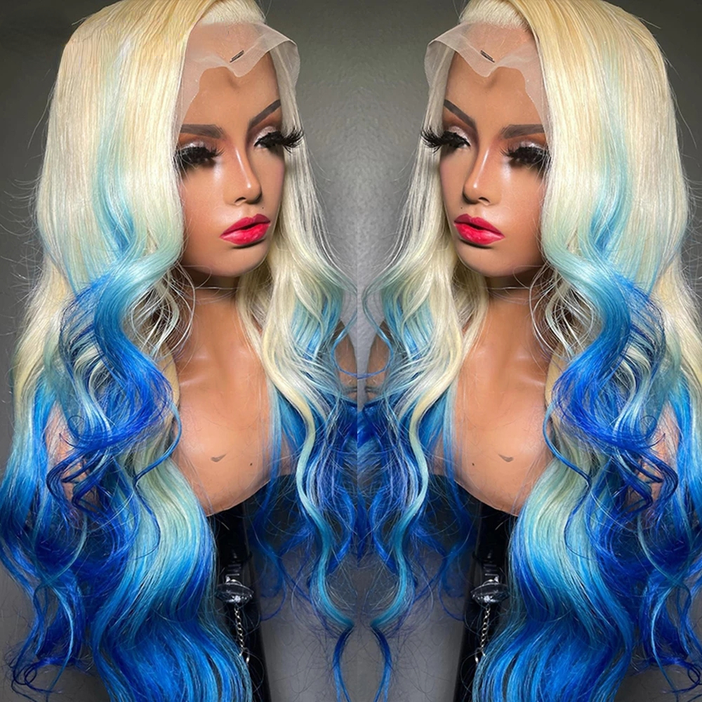 Free shipping Brazilian 13x4 Blonde Ombre Blue Front Wigs For Women Body Wave Short Silation Human Hair HD Lace Frontal Wig