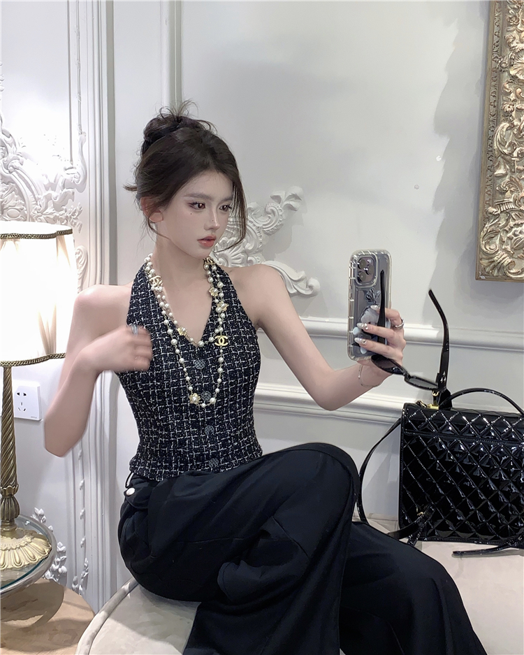 Womens sexy halter neck tweed woolen v-neck plaid pattern tanks camis SM